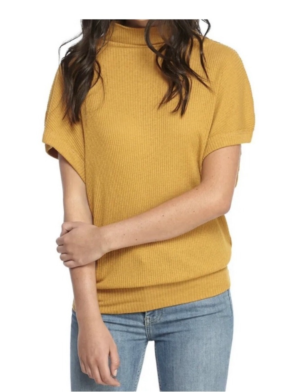 Free People We The Free Madeline Mustard Ribbed Mock Neck Knit Slouuchy Top M
